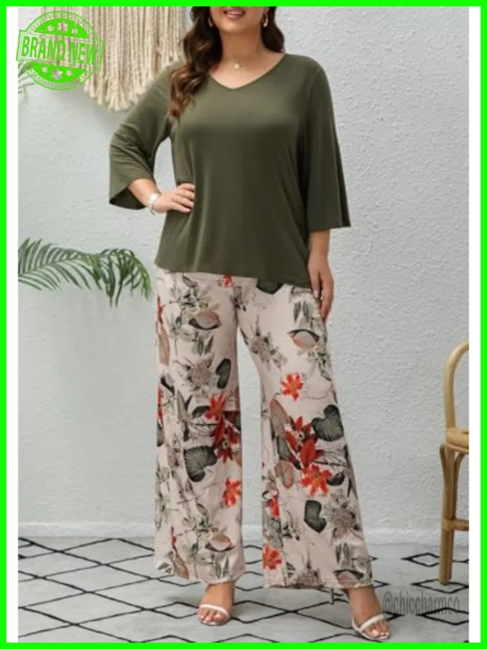 Plus Size 2 Piece Outfits 3/4 Sleeve Tunic Top Floral Print Wide Leg Pant Sets